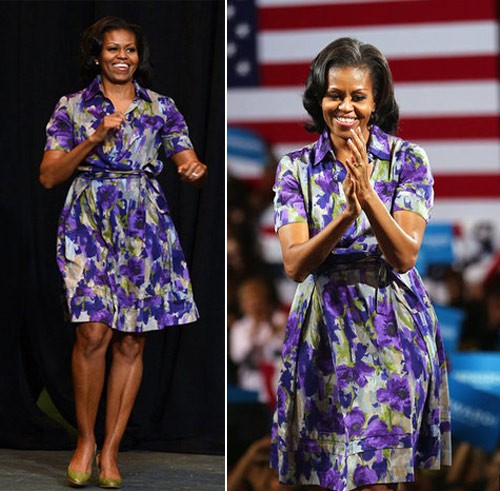Váy Moschino của bà Michelle khi vân động tranh cử tại bang Miami. Đây là chiếc váy bà tận dụng lại. Lần đầu tiên bà mặc nó là vài tháng 8/2008 cũng trong cuộc vận động tranh cử nhiệm kỳ đầu tiên của Barack Obama