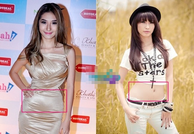 Khổng Tú Quỳnh bị lộ bụng béo khi mặc váy bó. Nhưng nhờ photoshop, cô đã có một vogf bụng phẳng lì