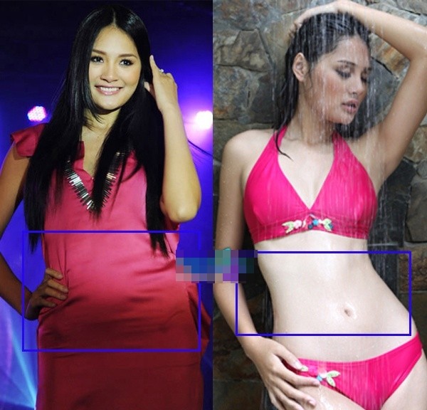 Hương Giang lộ bụng và eo to trong chiếc váy hồng lùm xùm, nhưng so với tấm hình mặc bikini thì vòng 2 của cô như khác hoàn toàn.