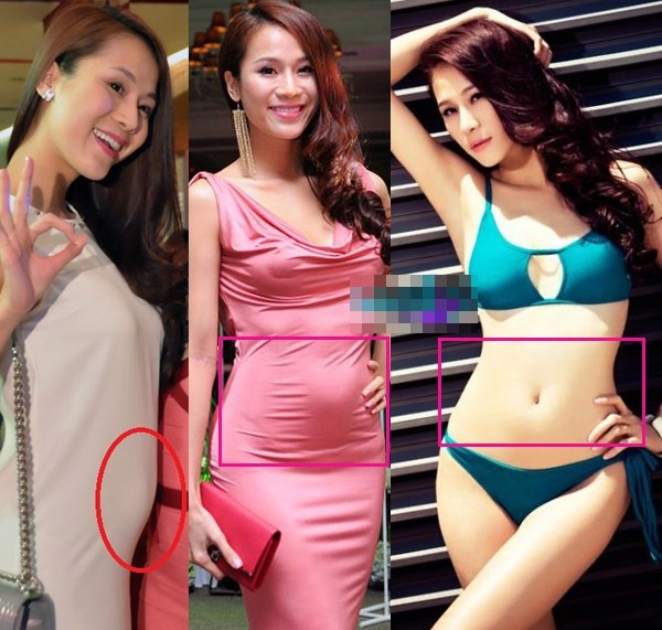 Thái Hà khá nhiều lần lộ bụng mỡ, nhưng khi xuất hiện trong trang phục bikini, cô nàng lập tức trở lại thon thả.