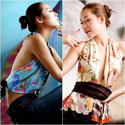Người mẫu Quỳnh Thy với một loạt những chiếc áo bằng khăn đầy màu sắc.