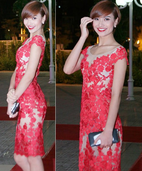 Hồng Quế mặc váy ren đỏ trẻ trung