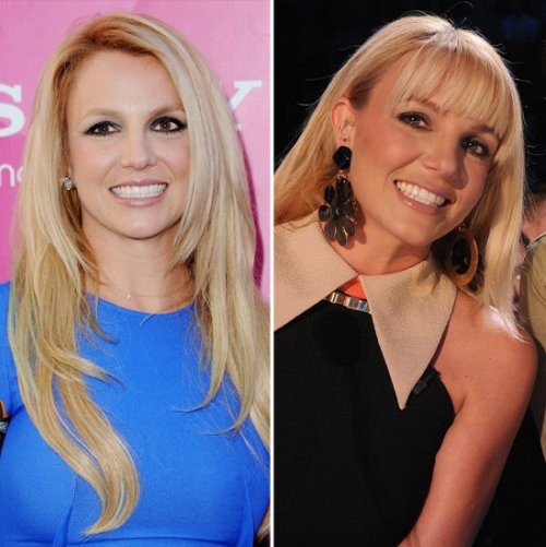 Britney Spears Vẫn giữ nguyên màu tóc trước nhưng nàng “công chúa nhạc Pop” đã sửa từ mái dài sang tóc mái bằng. Nhưng dường như, kiểu mái mới làm gương mặt của cô nàng to và thô hơn trước.