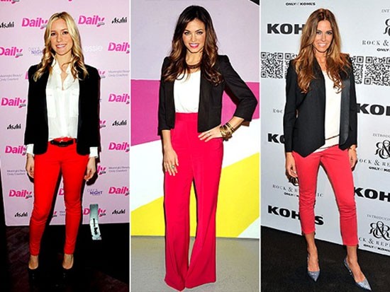 Kiểu kết hợp quần đỏ kèm với blazer đen như Kristin Cavallari, Jenna Dewan-Tatum và Kelly Bensimon cũng rất ấn tượng