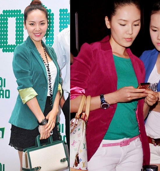 Những chiếc áo blazer màu được Phương Linh kết hợp rất sành điệu.
