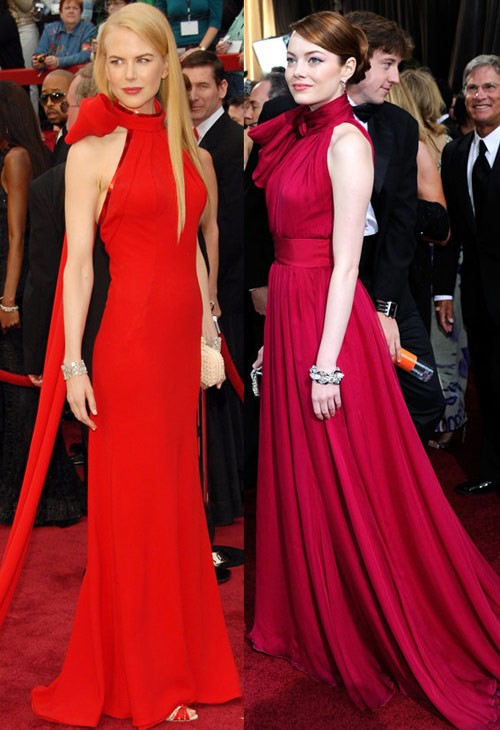 Emma Stone (đầm hồng) và Nicole Kidman cùng tạo điểm nhấn dịu dàng phần cổ váy nhờ chiếc nơ xinh