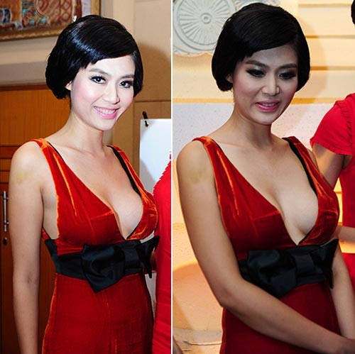 Chiếc đầm màu đỏ với đường xẻ dài bất tận này có lẽ không còn phù hợp với độ tuổi của Hoa hậu Thu Thủy.