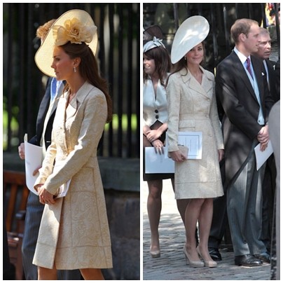 Kate sang trọng tuyệt đối với áo khoác dài thêu chìm màu vàng ánh kim và mũ Gina Foster Millinery.