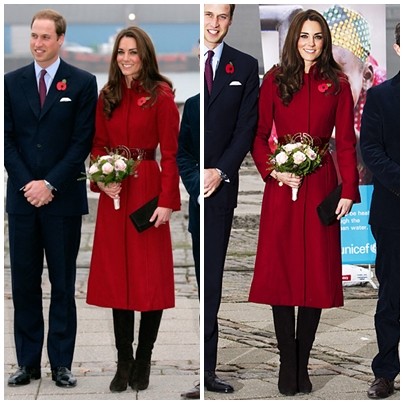Kate nổi bật với trench coat màu đỏ mix cùng thắt lưng da đỏ mận và boot da lộn trong chuyến thăm Đan Mạch.