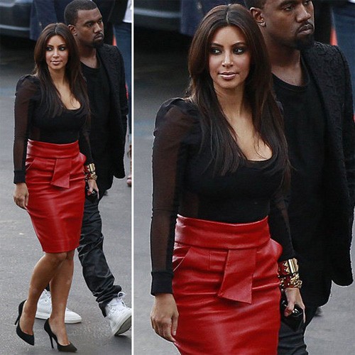 Kim Kardashian sành điệu khi kết hợp chân váy da đỏ cùng áo đen