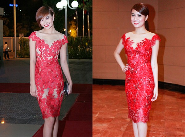 Giống ca sĩ Vy Oanh, người mẫu Hồng Quế (trái) khi 'mặc chung' váy đỏ rực rỡ với ca sĩ Hoàng Thùy Linh...