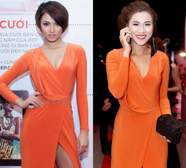 ...lúc lại thu hút mọi ánh nhìn với chiếc váy cam giống của người đẹp Kim Dung (phải).
