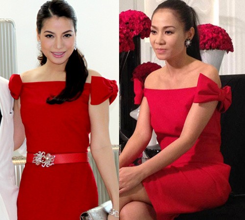 Diễn viên Trương Ngọc Ánh (trái) và ca sĩ Thu Minh cùng diện chiếc váy đỏ trễ vai. Bộ váy này dành cho những bạn gái có bờ vai nuột nà và không phải là lựa chọn của bạn có cổ hay vai gầy gò hoặc béo tròn.