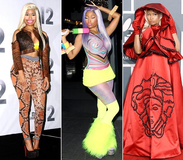 1. Nicki Minaj luôn thích trưng trổ hình thể trong trang phục không thể lòe loẹt hơn. Ba bộ đồ được đánh giá là thảm họa của năm được nữ ca sĩ mặc trong các sự kiện: trao giải BET Awards ở L.A, trong khi rời khỏi khách sạn W Hotel ở London và tại Giải thưởng Grammy 54 tại L.A (ảnh tính từ trái qua phải)