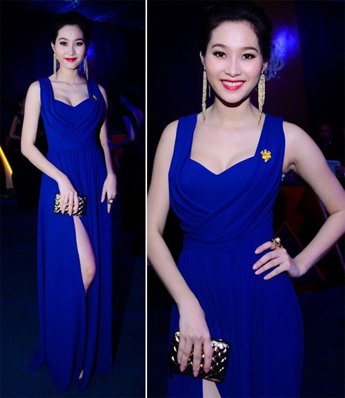 Hoa hậu Đặng Thu Thảo nổi bật làn da trắng nõn nà với bộ đầm xanh mướt khoe khoảng hở sexy phần đùi, ngực.