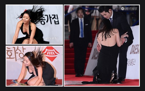 Nữ diễn viên Ha Na Kyung váy vừa dài vừa hở nên bị lộ hàng sau pha "vồ ếch"