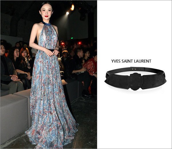 Thắt lưng đen của Yves Saint Laurent giúp mỹ nhân này vừa có thêm điểm nhấn lại cố định váy tránh hiểm nguy