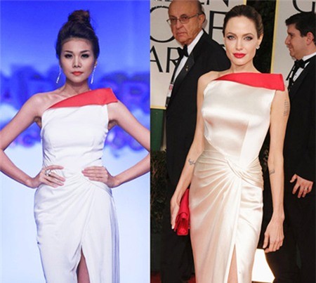 Siêu mẫu Thanh Hằng từng một lần bị "ném đá" oan vì chiếc váy cô mặc trình diễn trong một show thời trang của NTK Việt lại giống với chiếc váy Versace mà minh tinh Angelina Jolie từng diện tại lễ trao giải Quả cầu Vàng 2012.