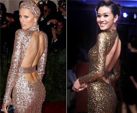 Bộ đầm sequin hở lưng mà Khánh My mặc dự tiệc tối 5/7 tại Hà Nội giống hệt một thiết kế của thương hiệu Rachel Zoe mà siêu mẫu Karolina Kurkova từng diện.