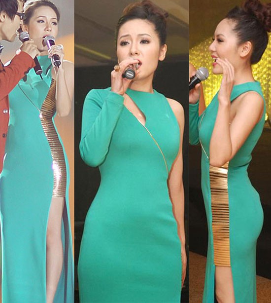 Làn da trắng của Phương Linh càng nổi bật khi cô diện váy xanh