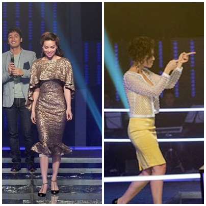 Sang đêm Liveshow 2, Hồ Ngọc Hà vẫn gây ấn tượng với chiếc váy sequin ánh đồng còn Thu Minh lại hơi sến sẩm với chiếc váy màu vàng và chiếc 'lưới đánh cá' khoác ngoài