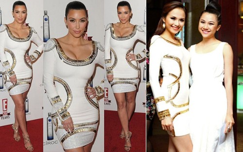 7. Nếu để ý kỹ sẽ nhận ra chiếc váy mà Diễm Hương mặc có chi tiết ánh kim chạy quanh thân không giống với thiết kế Herve Leger mà Kim Kardashian đã từng mặc. Ngay cả những dải sequin ánh vàng cũng không đẹp và tinh tế bằng