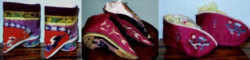 Đôi giày sen đầu thế kỷ 20 có gót tròn với kích thước 4 ½ inch (ảnh 1), đôi giày sen nhọn màu hồng với lá xanh thêu nhạt đầu thế kỷ 20, có kích thước 6 inches (ảnh 2) và đôi giày sen đi ngủ chất liệu satin màu hồng đậm kích thước 5inch (ảnh 3)
