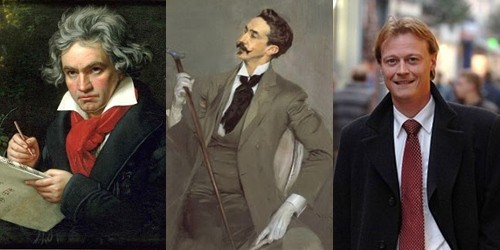 Cà vạt qua các thời đại: Ludwig van Beethoven (tranh Joseph K. Stieler), Robert de Montesquiou (tranh Giovanni Boldini) và trong trang phục ngày nay.