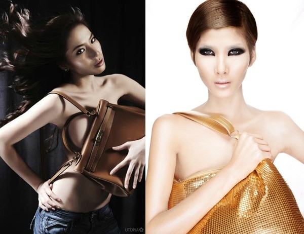 Túi xách Chung Thục Quyên và quán quân Vietnam Next Top Model 2010 Hoàng Thùy lại dùng túi xách che ngực.