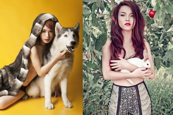 Động vật Trong khi Trà My Idol mang cả chú chó cưng husky để chụp ảnh nóng, thì Yến Trang nhẹ nhàng ôm thỏ che vòng 1.