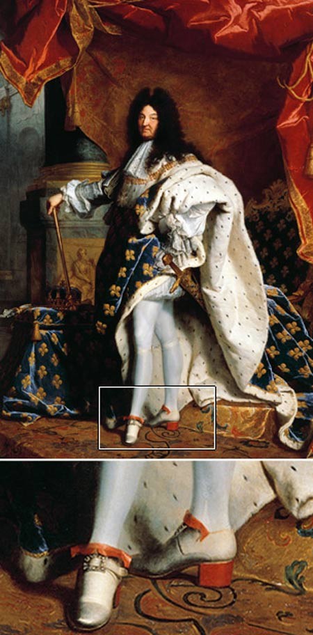 Vua Louis XIV đeo giày cao gót đỏ, lòng giày đỏ trong bức chân dung năm 1701.