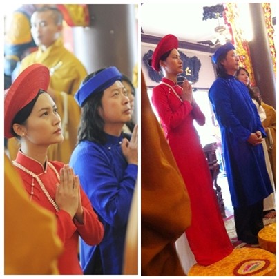 Vợ chồng diễn viên Đỗ Hải Yến trong trang phục truyền thống tổ chức đám cưới tại chùa
