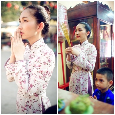Mẹ con Kim Hiền rạng rỡ nơi cửa Phật với chiếc áo dài điểm hoa tím li ti