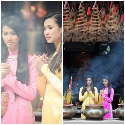 Vương Thu Phương và Phan Thị Mơ đoan trang trong tà áo dài truyền thống của người Việt