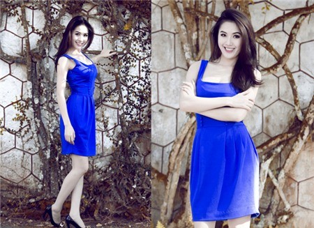Hoa hậu Phụ nữ Việt Nam qua ảnh 2005 - Ái Nhi với vẻ đẹp rạng ngời, tươi trẻ. Cô khoe làn da trắng ngần trong chiếc váy xanh cô ban.