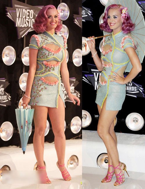 Katy Perry với một chiếc váy khác cũng mang đậm văn hóa Trung Quốc. Thiết kế này có nhiều nét tương đồng với xường xám