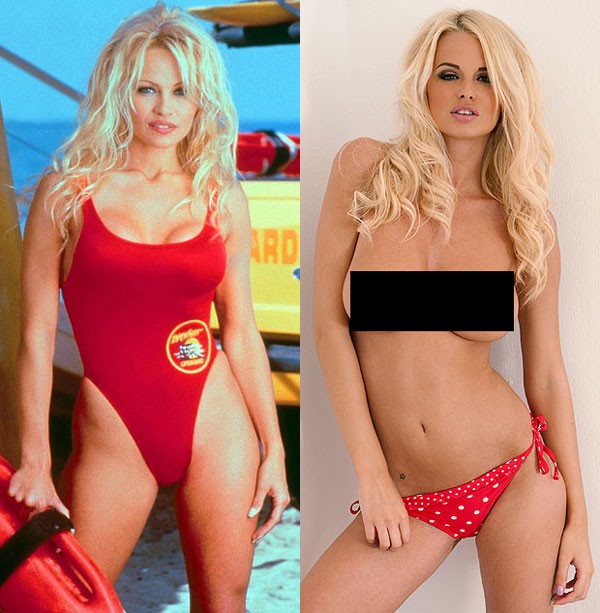 Cô đào nóng bỏng Pamela Anderson (trái) của Mỹ không thể tin rằng có một cô gái sở hữu gương mặt và bộ ngực khủng rất giống mình. Cô gái đó là người mẫu Rhian, 26 tuổi, từ Manchester.
