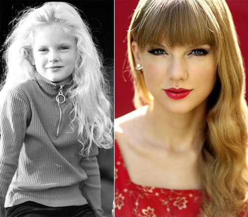 Hai bức ảnh, chụp cách nhau 18 năm, thể hiện sự lột xác hoàn hảo của Taylor Swift. Bức ảnh trái chụp năm 1994 khi Taylor còn là cô học sinh tiểu học tại vùng nông thôn Pennsylvania. Cô bé 5 tuổi mặc như bất cứ học trò nào ở đây với chiếc áo cổ cao, kéo khóa. Vẻ ngoài không có gì đặc biệt nhưng lúc bấy giờ, Taylor đã viết nhạc và hát tại các sự kiện ở địa phương. Trong bức ảnh chụp năm 2012 (phải), Taylor đã trở thành công chúa nhạc đồng quê. Cô tỏa sáng không chỉ bởi giọng hát mà còn nhờ sự hoàn thiện về phong cách thời trang và gu thẩm mỹ.