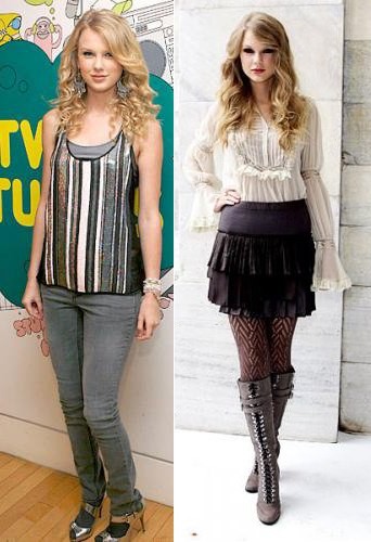 Cách kết hợp trang phục và phụ kiện Ngày ấy, Taylor Swift từng liên tục mắc lỗi khi kết hợp trang phục với phụ kiện. Trong ảnh trái, cô mắc lỗi cơ bản khi diện tất với sandal. Còn trang phục trong bức ảnh phải khiến cơ thể nữ ca sĩ bị chia làm 4 đoạn.