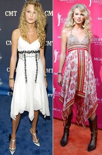 Cách chọn trang phục thảm đỏ Ngày ấy, Taylor Swift thường chọn váy như váy ngủ để bước lên thảm đỏ. Bức ảnh trái chụp năm 2006, thời điểm Taylor ra mắt single đầu tiên Tim McGraw. Cô chọn chiếc váy trắng đơn điệu để xuất hiện tại Country Music Television Award. Thiết kế không ra ngắn, chẳng ra dài lại còn một sợi dây đen lơ lửng khiến người ta có cảm giác Taylor vừa rời giường ngủ và còn chưa kịp thắt nút chiếc váy. Ảnh phải là một lựa chọn tương tự của nữ ca sĩ. Chiếc váy lòe loẹt với chất liệu thiếu sang trọng đó hoàn toàn không phù hợp với thảm đỏ.