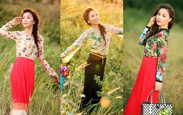 Gợi ý của diễn viên Quỳnh Thư khi kết hợp áo hoa với chân váy dài nhiều màu