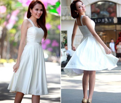 Diễm Hương tự tin phô diễn sắc đẹp khi diện váy trắng xoè.