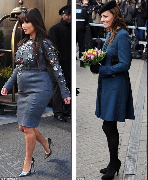 Kim Kardashian tuyên bố mang bầu con đầu lòng với bạn trai Kanye West tháng 1 năm nay trong khi công nương xứ Cambridge của nước Anh Kate Middleton đang mang thai ở tháng thứ 5.