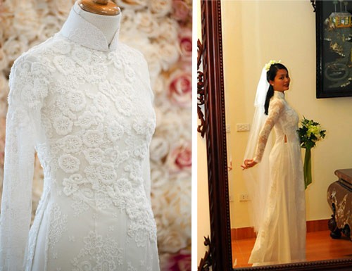 Và diễn viên Đỗ Hải Yến cũng chọn chiếc áo dài ren thêu hoa nổi bằng tay có giá khoảng 9,5 triệu đồng cho đám cưới lần 2 của mình