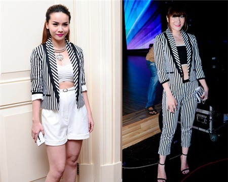 Chị em Yến Trang và Yến Nhi cũng "mặc lại" áo vest, cả hai xuất hiện tại hai sự kiện khác nhau với chiếc áo vest sọc kẻ rất nổi bật.