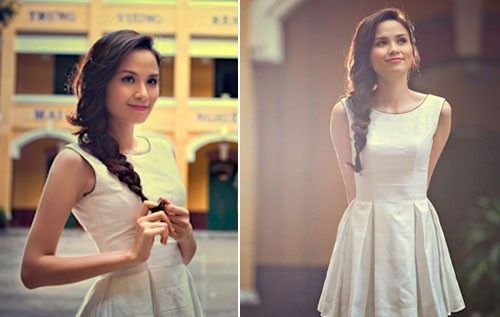 Sự kết hợp ăn ý giữa váy trắng và tóc tết đuôi cá tạo cho Diễm Hương vẻ đẹp như một công chúa.