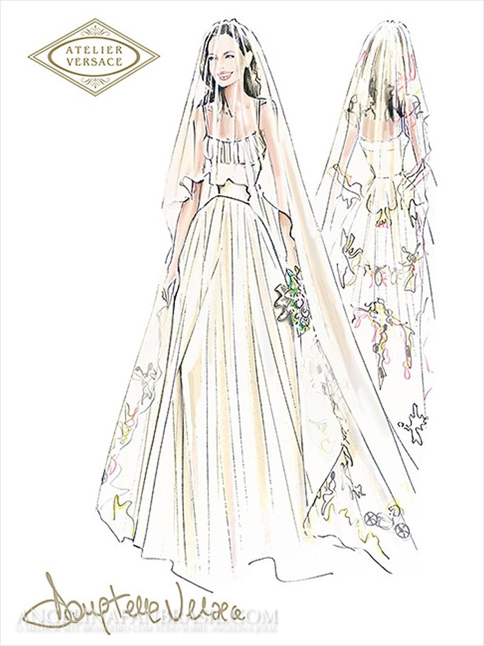 Hình vẽ minh tinh Angelina Jolie trong bộ váy cưới của Versace.
