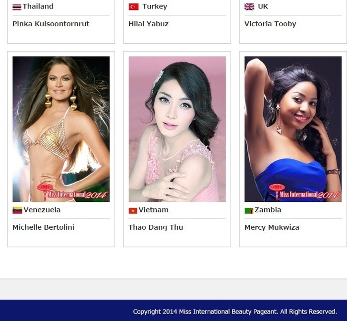 Tên của HH đại dương 2014 Đặng Thu Thảo trên trang web chính thức của cuộc thi Miss International 2104 (Hoa hậu quốc tế)