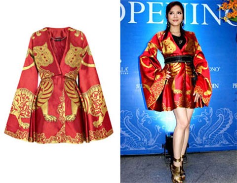 Đối chiếu chiếc váy Lion Silk-jacquard Kimono với váy của Lý Nhã Kỳ.