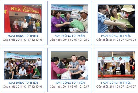 Trang web chính thức của Công ty CP Hùng Vương xuất hiện khá nhiều hình ảnh từ thiện của Mỹ Tâm. Ảnh: chụp lại từ web chính thức của công ty CP Hùng Vương.